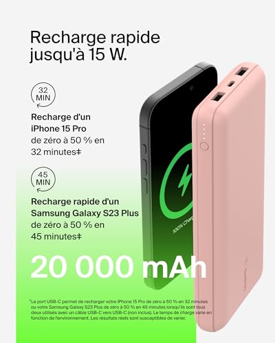 Belkin Batterie externe USB-C 20000mAh (power bank puissance de 20K, entrée et sortie USB-C, 2 ports USB-A, câble USB-C vers USB-A fourni, pour iPhone, Galaxy, Pixel, iPad, AirPods, etc.) - Or rose
