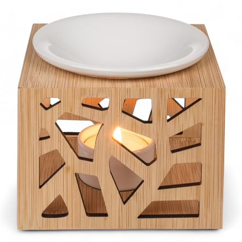 MIJOMA Harmoniegefüllte Aromalampe - Handgearbeitet aus Holz, Mit Eleganter weißer Keramikschale - Ideal Für Betörende Dufterlebnisse & Spirituelle Entspannung - Maße ca. 12 x 12 cm