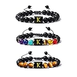 XIMEO Initial Beaded Bracelets for Men Women Lava Rock Healing Stone Letter Bracelets Chakra Tiger E