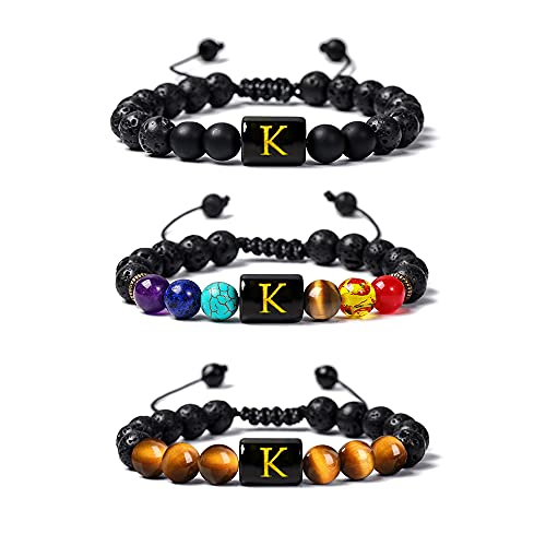 Ximeo Initial Beaded Bracelets For Men Women Lava Rock Healing Stone Letter Bracelets Chakra Tiger Eye Stone Braided Rope Bracelet Meaningful Gift Adjustable #TOP4