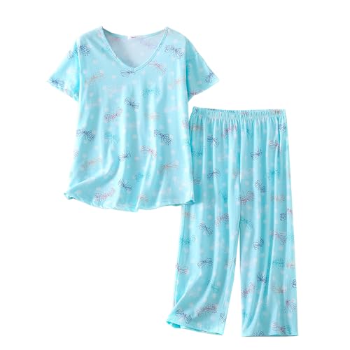 Pyjama d'été femme à manches courtes et pantalon 3/4 fleuri du S au XXXL