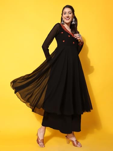 Image of Poshak Hub Women Green Ethnic Motifs Aari Work Georgette Anarkali Kurta