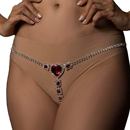 Sexy Red Rhinestone Panties Thong Crystal Heart Pendant Waist Belly Chain Bikini Body Chain Jewelry Rhinestone Underwear G-String Chain For Women(Silver 2) #TOP1