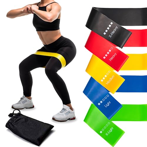 unycos - Set de 5 Bandas Elásticas Fitness de Látex con Bolsa de Almacenamiento, 5 Niveles de Resistencia X-Light, Light, Medium, Heavy, X-Heavy, 5-40 LB, 600 mm