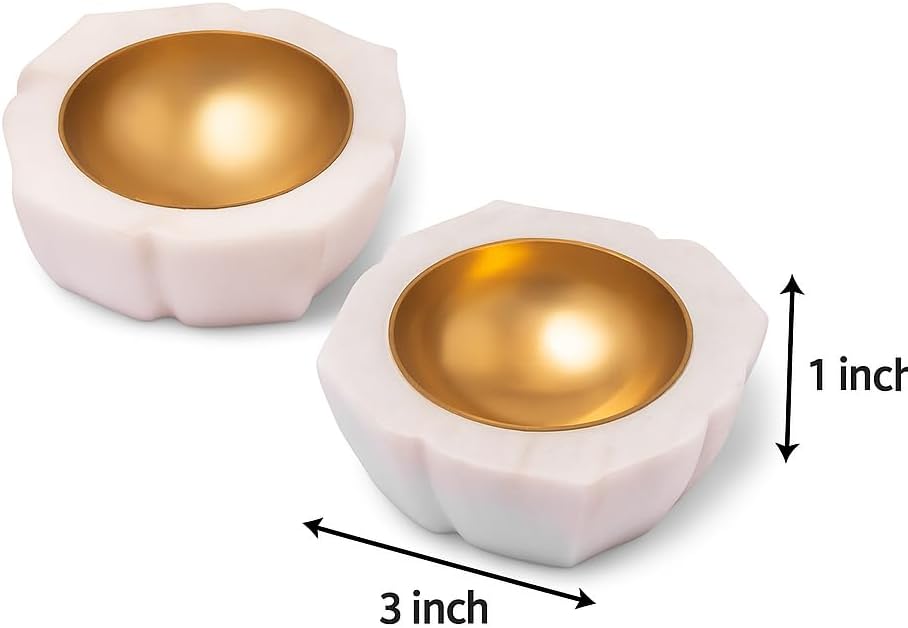 Tatsya Marble Petal Pooja Diya Set of 2 – Handcrafted White Stone Tea Light Holders with Brass Inlay for Home Décor, Diwali, Mandir & Meditation