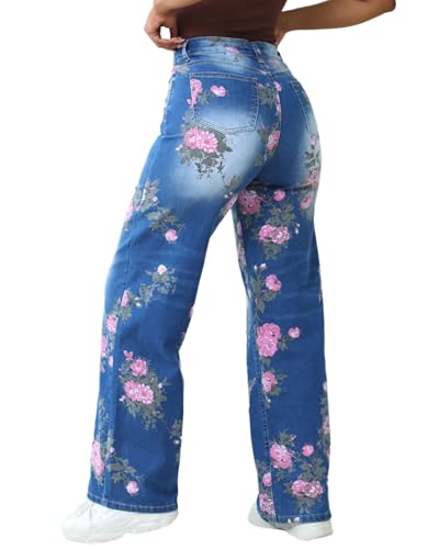 High Waisted Straight Leg Jeans for Women Trendy Floral Print Stretchy Distressed Baggy Denim Pants4