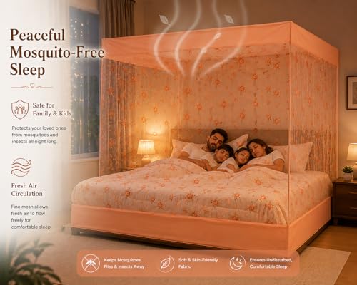 Image of ANS Floral Mosquito Net for Bed with Cotton Border | 7 x 7 Ft King Size Bed Net | Fine Mesh Breathable Fabric | Box Type Hanging Mosquito Net for Family & Kids (Peach Floral)