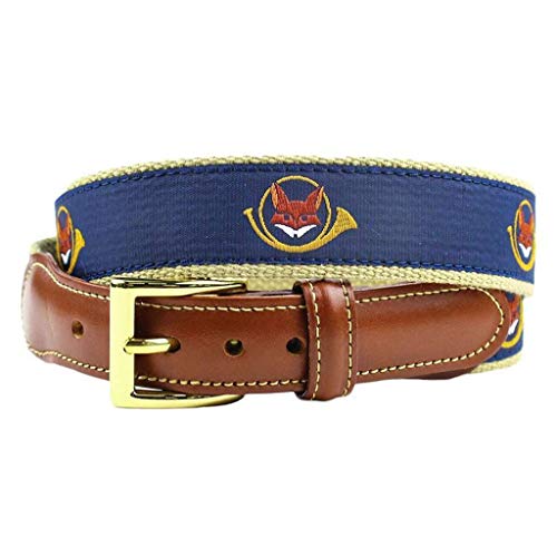 Country Club Prep Fox and Horn Leather Tab Belt in Navy on Khaki Canvas