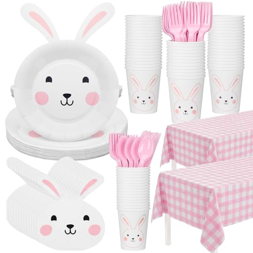 Qinyoung 147 Pcs Bunny Birthday Decoration Tableware Party Supplies Some Bunny Is One Decorations Include Party Plates Napkins Paper Cup Fork and Spoon Tablecloth Serve 24 Guests