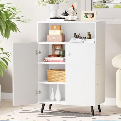 Image of Lukzer Wooden Book Shelf & Storage Cabinet with White Doors (MR-034 /White) Engineered Wood Bookshelf for Home, Bedroom, Office & Kitchen, Multipurpose Books Organizer & Display Rack (90x30x60 cm)