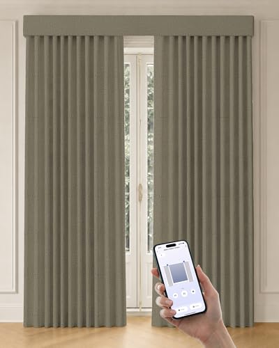 Image of Graywind Motorized Curtains with Track, 100% Blackout Smart Curtains, Rechargeable Curtains Compatible with Alexa & Remote Control for Large Windows, Custom Drapes Up to 220 inch, Trace (Taupe)