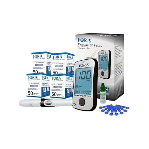 FORA Premium V12 Voice Blood Glucose Testing Kit – 200 Test Strips (Expiring 5/16/2025), 100 Lancets, 1 Monitor, 1 Lancing, 1 Control Solution Cover