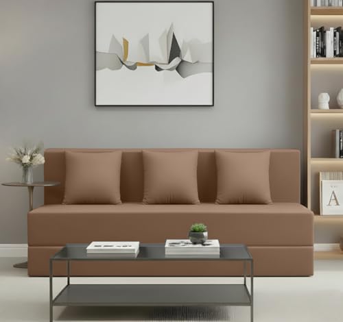 Image of AMATA Instant 3 Seater Foldable Sofa Cum Bed Camel Suede Velvet Fabric with 2 Pillow Perfect for Home Living Office Room and Guests (3 Year Warranty) (Camel, Instant 3 Seater Sofa Cum Bed)