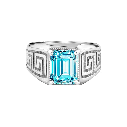 Bague topaze bleue rectangle en argent avec méandre gravé pour homme