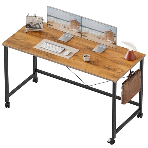 Mericonia Rolling Computer Desk with Wheels 48 X 24 inch, Gaming Desk for Small Spaces, Modern Simple Style Table for Home Office, Study Writing Table (Caster, Light Antique, 48 inch)