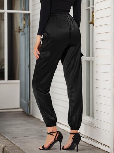 Allegra K Women's Satin Pants Tie Elastic High Waist Shiny Silky Dressy Satin Cargo Joggers4