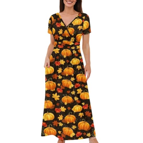 Image of Women's Fall Summer Short Sleeve Ankle Length V-Neck Party Dress with Pockets Size S-3XL