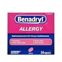 Benadryl Ultratabs Allergy Relief Medicine, 25 mg Diphenhydramine HCl Antihistamine Tablets For Relief of Cold & Allergy Symptoms Like Sneezing, Runny Nose, & Itchy Eyes & Throat, 24 ct