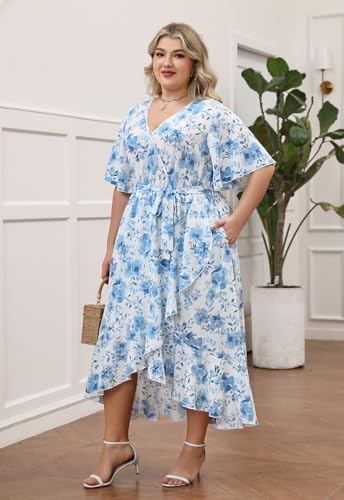 Image of Keluummi Plus Size Maxi Dress for Women V-Neck Floral Empire Waist 3 /4 Sleeve with Pockets
