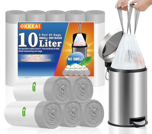 OKKEAI 10L Bin Liners - Bathroom Bin Bags with Handle & Tie, Fit 8L-15L Garbage Bin (White, 90 Bags) - Suitable for Office, Toilet, Kitchen