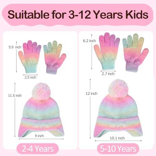 Cat Face Earflap Beanie and Gloves Set for Girls Rainbow Pom Knit Hats Winter Outdoor Snow Ski Caps Age 2-103