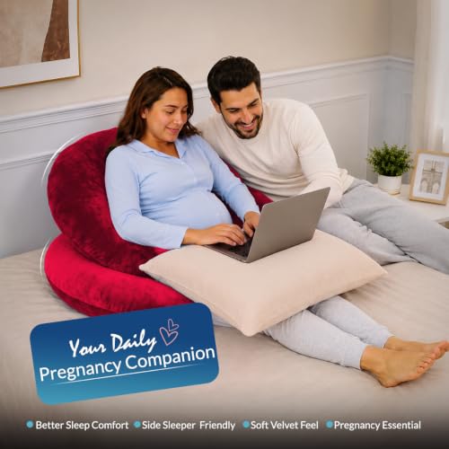 Image of Amazon Basics Full Body Pregnancy Pillow for Maternity, Baby Nursing,Full Body Support -Abdomen,Hip, Spine, Neck& Leg Support Cushion| Perfect Baby Shower Gift |C-Shaped-Washable Cover with Zip-Maroon