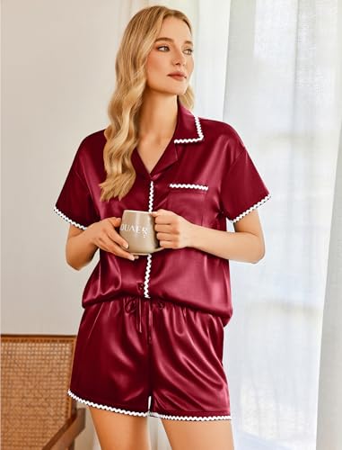 Ekouaer Womens Silk Pajama Sets 2 Piece Satin Pj Set Button Down Shirt and Shorts Lounge Sets Classic with Pockets4