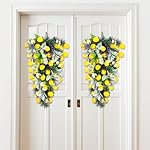 Zeyune 2 Pcs 24 Inches Artificial Lemon Teardrop Wreath Lemon Teardrop Swag Lamb Ears Leaves with Artificial Flower Door Hanging Garland Floral Swag for Front Door Farmhouse Spring Summer Home Decor