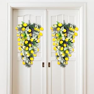 Zeyune 2 Pcs 24 Inches Artificial Lemon Teardrop Wreath Lemon Teardrop Swag Lamb Ears Leaves with Artificial Flower Door Hanging Garland Floral Swag for Front Door Farmhouse Spring Summer Home Decor