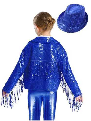 Kids Girls Latin Dance Blazer Outfits Long Sleeve Glitter Sparkle Sequins Tassle Cardigan Jacket with Hat2