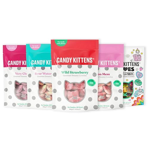 Candy Kittens Vegan Sweets CORE Selection (5 x 140g), Vegan Chewy Sweets Bundle - Wild Strawberry, Sour Watermelon, Very Cherry, Eton Mess & LOVES, Sweets Bulk Bags, Vegan Gifts, 5 Bags Of Sweets