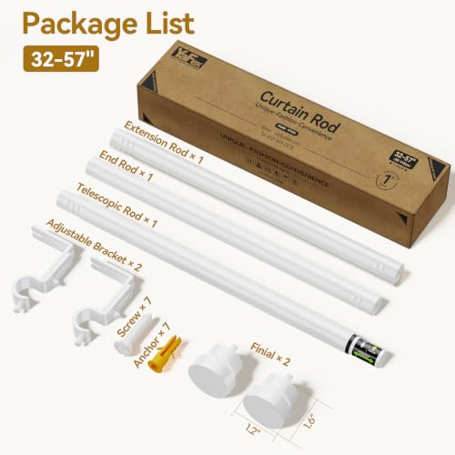 Image of YaFex Curtain Rods 32-57 Inch, Heavy Duty 1 Inch Adjustable Curtain Rod for Windows, White Short Window Treatment Rods, Modern Design, Easy Installation