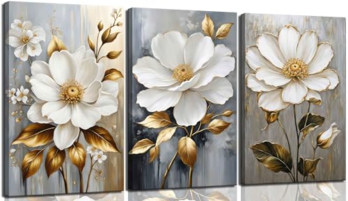 3Pcs White Flower Gold Leaf Canvas Wall Art Modern Plants Flowers Painting Decor Pictures Neutral Floral Bloom Posters Prints for Office Living Room Bathroom Bedroom Decoration No Frames