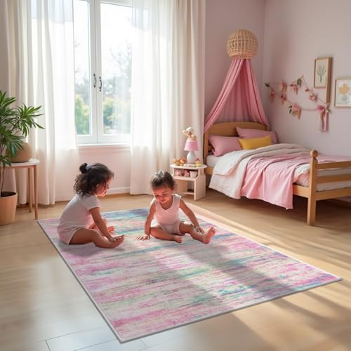 KOZYFLY Modern Abstract Pink 3x5 Area Rug Washable Girls Kids Bedroom Rug Throw Entry Mat Non-Slip Carpet Dining Room Rug with Soft Low Pile for Living Room Kitchen Bath Office