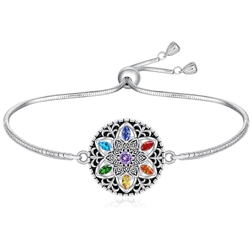 Mandala 7 Chakra Bracelets for Women 7 Chakra Lotus Flower Bracelet Sterling Silver Yoga Gifts Mandala Jewelry