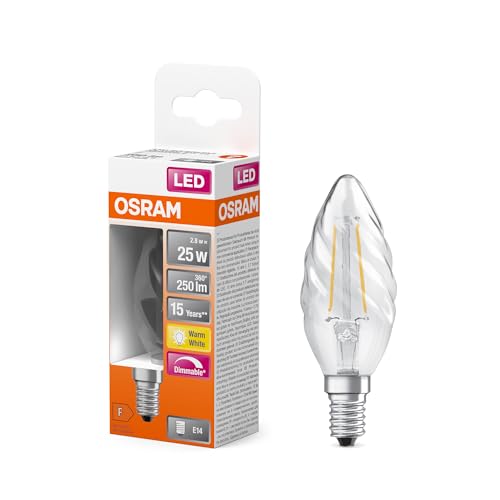 Osram LED Superstar Classic avec filament en forme de mini bougie torsadée classique, verre transparent sans plomb, 2,8 W, 250 lm, lumière (2700 K), culot E...