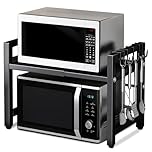GoyuHome Extendable Microwave Oven Rack Black, Heavy-Duty 2-Tier Adjustable Kitchen Shelf Organiser with 6 Hooks,Expands for Toaster & Appliances, Adjustable Metal Storage Shelf Rack for Kitchen