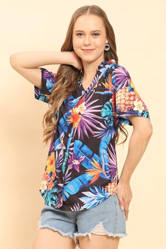 Image of Womens Casual Shirt Soft Beach Shirts Floral Tropic Print V Neck T-Shirt Short Sleeve Button Up Tops