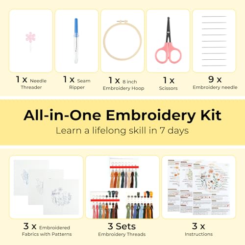 Image of HTVRONT 3 Pack Embroidery Kit for Beginners, Flower Pre-Printed Patterns | Step by Step Video,Includes Multiple Accessories, for Adults, Gift for Women Craft Lovers