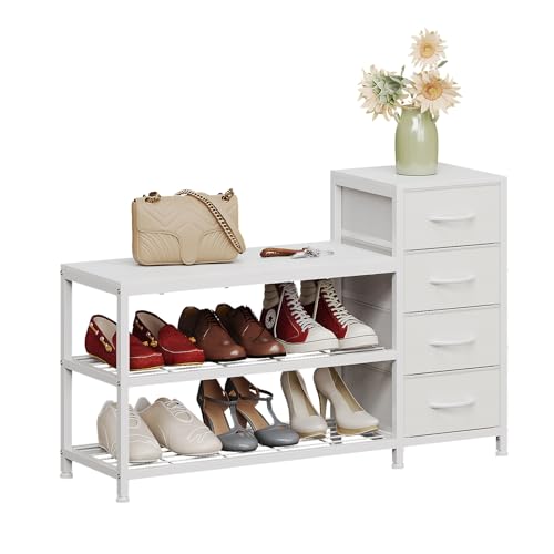 Image of EXOTICA Industrial Shoe Storage Bench with 4 Drawers & Seat, White