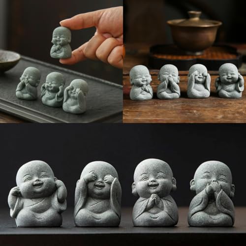Set de 4 estatuas buda de risa pequeñas para decoración miniatura 5