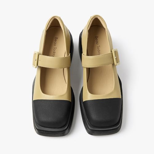 Image of BEAU TODAY Women's Beige Mary Jane Pumps, Size 12, Casual Dress Shoes for Women, Spring /Autumn /Fall, Platform Heel, Leather Sole
