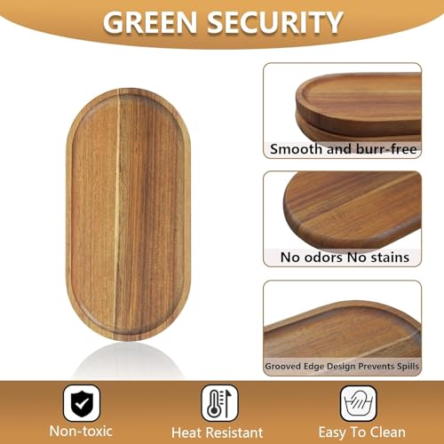 Image of Premium Luxury 100% Natural Acacia Wood Tray Set of 2 Boards Rustic Wooden Serving Trays Oval Platters Charcuterie for Party Breakfast Coffee Table Home Decorative Trays 13 x 6 inch