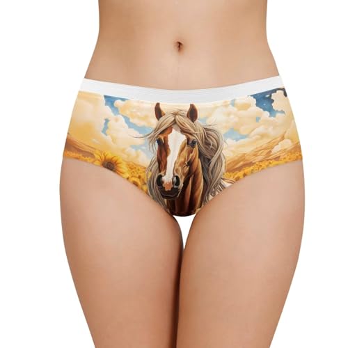 Coloranimal Western Aztec Sunflower Horse Underwear for Women Navajo Ethnic Africa Summer Seamless Hipster Panties for Ladies Full Coverage Elastic Underpants Breathable Briefs XL
