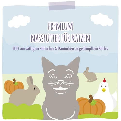 MjAMjAM - Premium Nassfutter für Katzen - DUO von saftigem Hühnchen & Kaninchen an gedämpftem Kürbis, 6er Pack (6 x 200 g), getreidefrei mit extra viel Fleisch