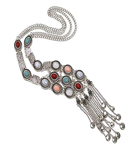 Turquoise Long Boho Bohemian Statement Ethnic Tribal Necklace for Women Vintage Retro Rhinestone (Silver)2