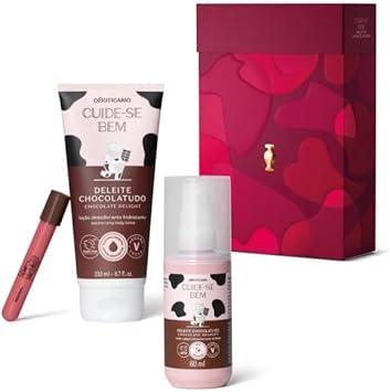 O Boticário Kit Presente Cuide-se Bem Deleite Chocolatudo, Loção Hidratante 200ml, Body Splash 60ml, Gloss Labial Rosa 5,5ml