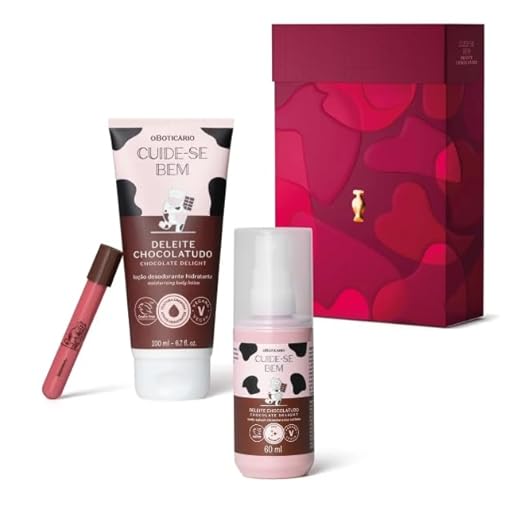 O Boticário Kit Presente Cuide-se Bem Deleite Chocolatudo, Loção Hidratante 200ml, Body Splash 60ml, Gloss Labial Rosa 5,5ml