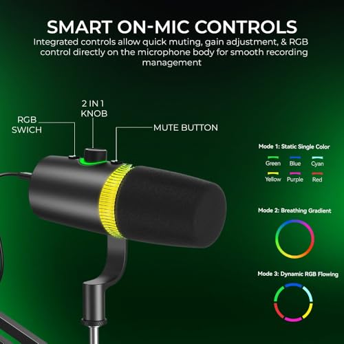 Image of Digitek DM-701 USB Dynamic Microphone - RGB Professional Gaming Streaming Podcast Mic with XLR Output, Noise Reduction, Cardioid Pattern, 24-bit /96kHz, Desktop Stand with LED Lighting