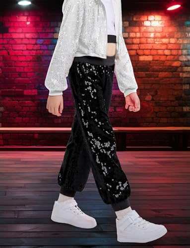 SEAUR Kinder Pailletten Hose Hip Hop Tanzhose Mädchen Jungen Party Tanz Streetwear Glitzer Jogginghose Elastischer Bund - 150(EU 146-152)